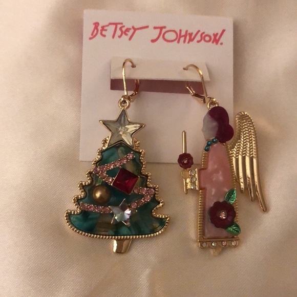 Betsey Johnson Gold Tone Feliz Navidad Angel & Christmas Tree Mismatch Earrings - Picture 3 of 12